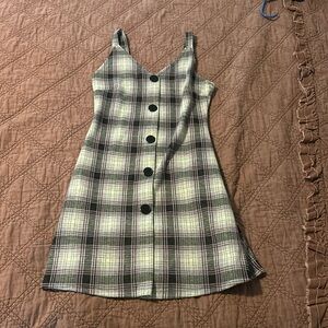 not sure of the brand, grey black and purple dress.